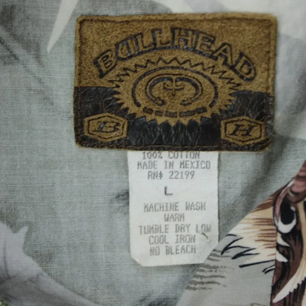 Bullhead Vintage Hawaiian Shirt Mens L Green Brown Cotton Short Sleeve Dragons - Picture 3 of 6